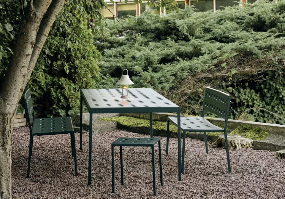 Balcony Table L190 Balcony Dining Bench Balcony Stool dark forest Mousqueton Lamp oyster white