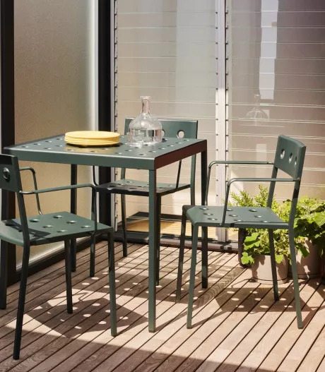 Balcony Table dark forest Balcony Armchair dark forest Enamel Dinner Plate dust light yellow Plant Pot with Saucer XXL black