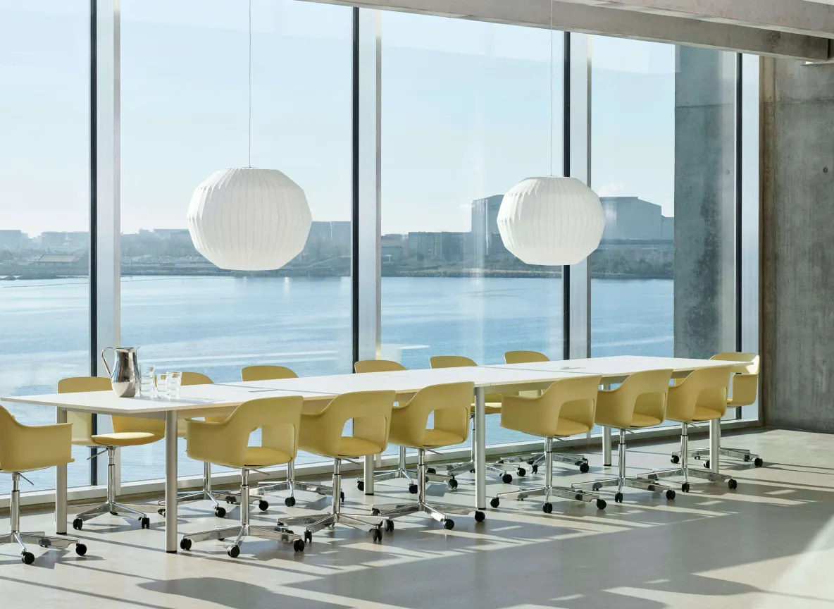 Layout Armchair 243 Relate 431 Biscotti shell base Annex Table Overhang alu frame cotton cream tabletop Nelson Ball Bubble pendant