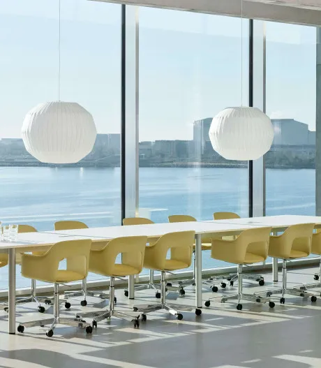 Layout Armchair 243 Relate 431 Biscotti shell base Annex Table Overhang alu frame cotton cream tabletop Nelson Ball Bubble pendant