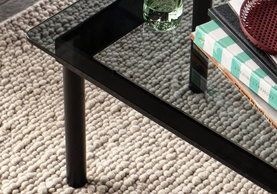 Kofi 140x50 grey tinted glass tabletop black wb lacquer oak frame Peas Random soft grey Tint Tumbler green