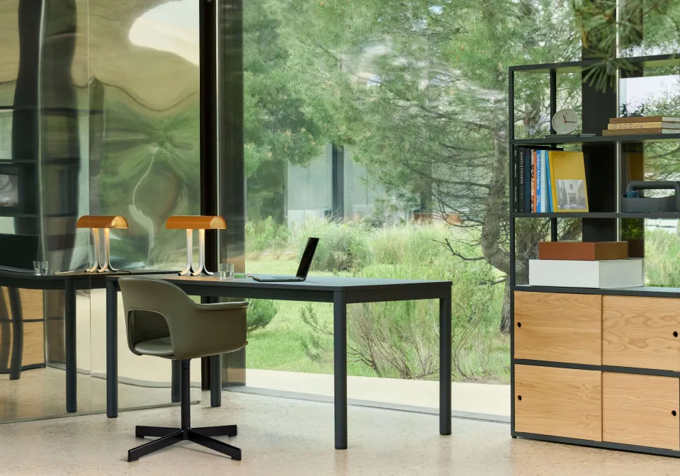 Layout Armchair 234 Grano caper green leather black base Annex Table Flush dark grey lino black alu legs New Order Comb 503 charcoal