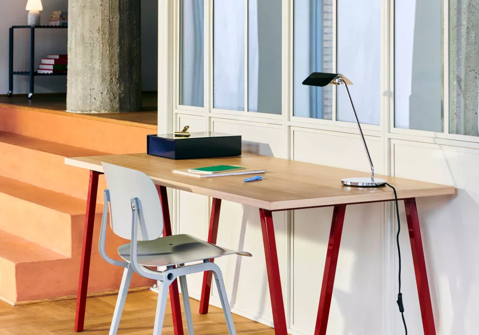 Loop Stand Table L160xW775xH74 wb lacquered oak tabletop maroon rred powder coated steel frame Revolt beige seat and back beige steel base Apex Desk Lamp iron black