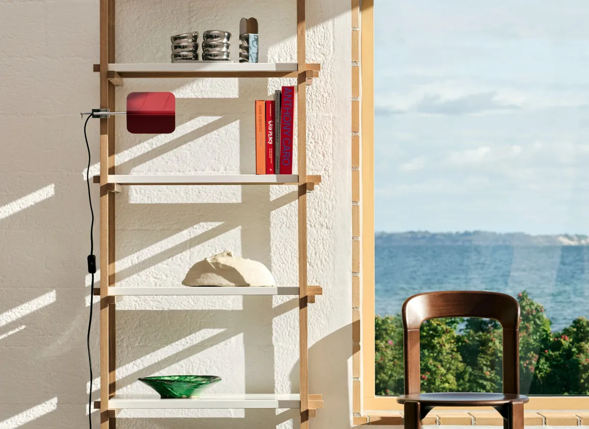 Woody Shelving Column High 2.0 almond white shelves and soaped oak frame Rey Chair umber brown wb lacquer beech