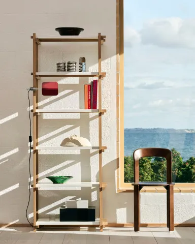 Woody Shelving Column High 2.0 almond white shelves and soaped oak frame Rey Chair umber brown wb lacquer beech