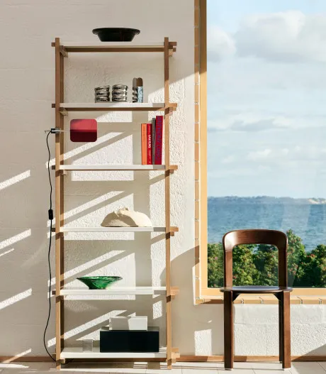 Woody Shelving Column High 2.0 almond white shelves and soaped oak frame Rey Chair umber brown wb lacquer beech