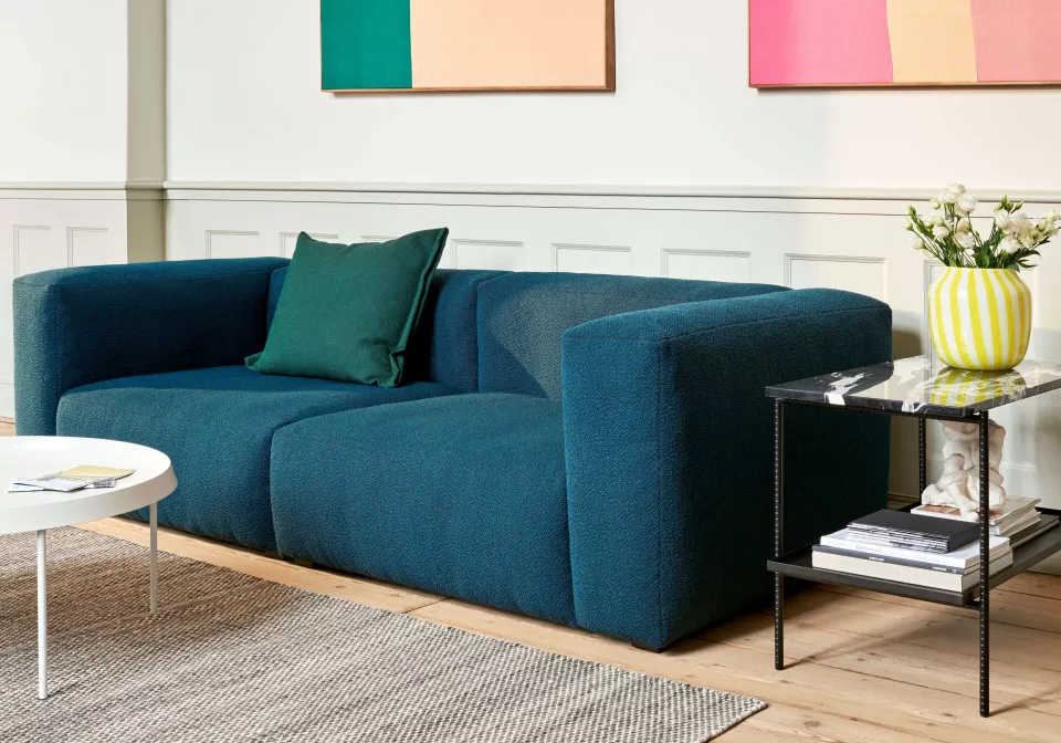 Mags Soft 25 seater combination 1 Flamiber petrol blue J4 Rebar Side Table soft black w marble top Juice Vase wide yellow Tulou Coffee Table off white Moire Kelim grey