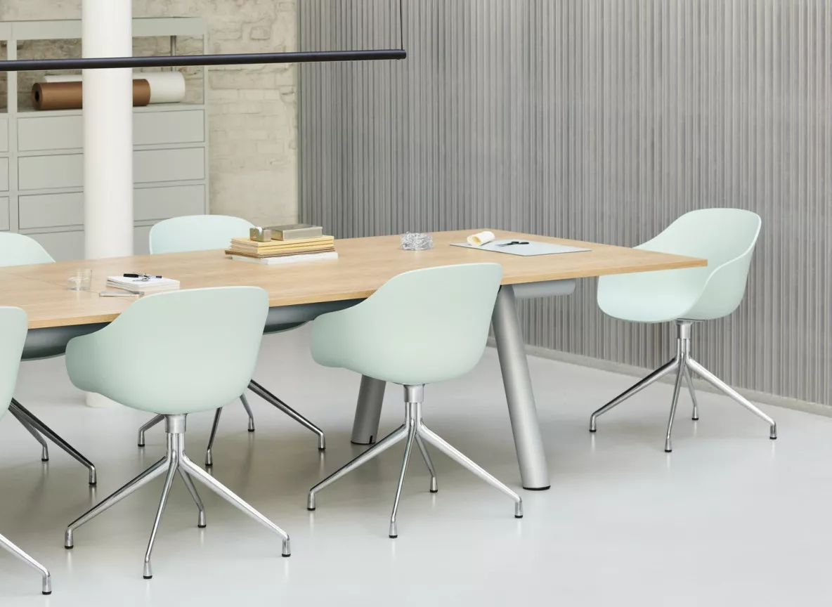 AAC 220 dusty mint 2.0 shell polished 4 star swivel base Boa Table wb lacquered oak tabletop metallic grey powder coated alu frame 1