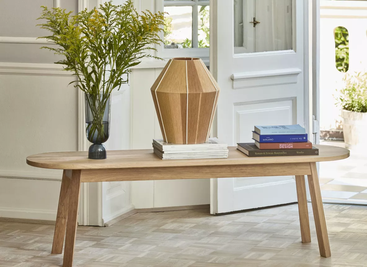 Triangle Legs Bench oak Bonbon Shade 320 yellow melange Bottoms Up Vase navy blue 1