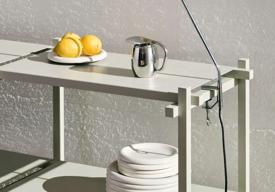 Woody Shelving Low 2.0 smokey grey steel shelves and smokey grey beech frame Apex Desk Clip Lamp emerald green