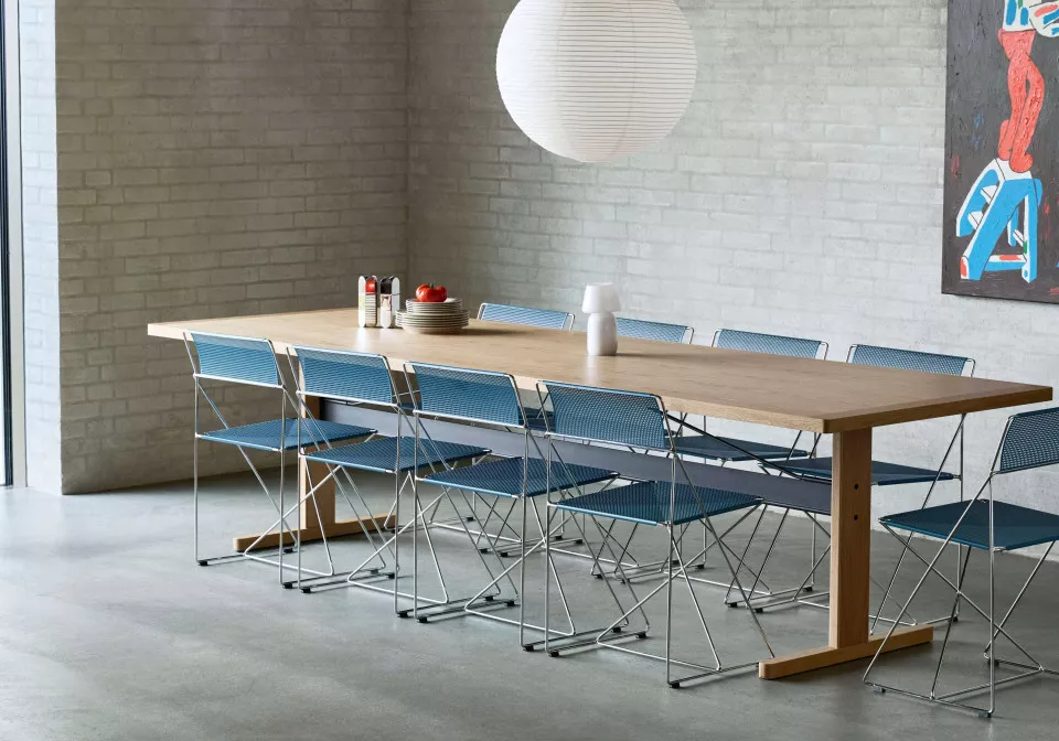 X Line Chair Indoor powder blue seat and back chromed frame Passerelle Table wb lacquer oak