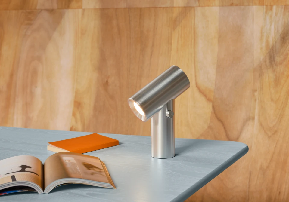 beam portable lamp polished aluminum re norm table 130 light blue org
