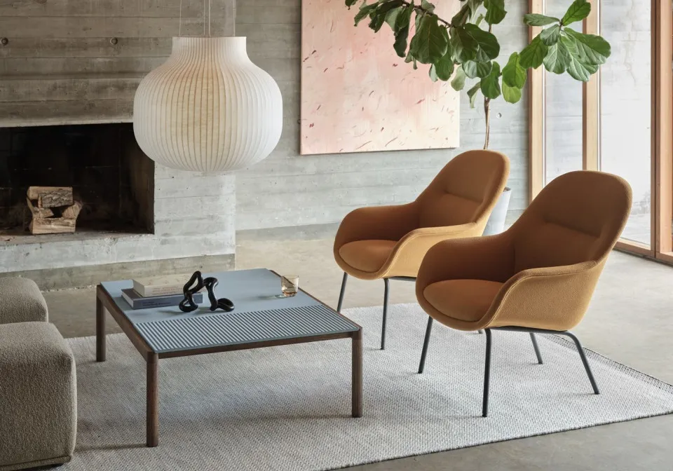 fiber lounge armchair tube base grain 62016 strand pendant ply rug recycled polyester off white couple coffee table muuto org