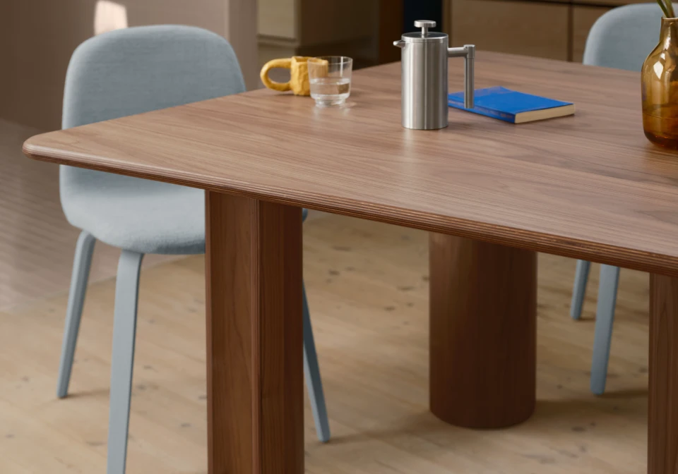 re norm table 130 walnut veneer visu ecriture 710 light blue wood base silent vase burnt orange raise clear org